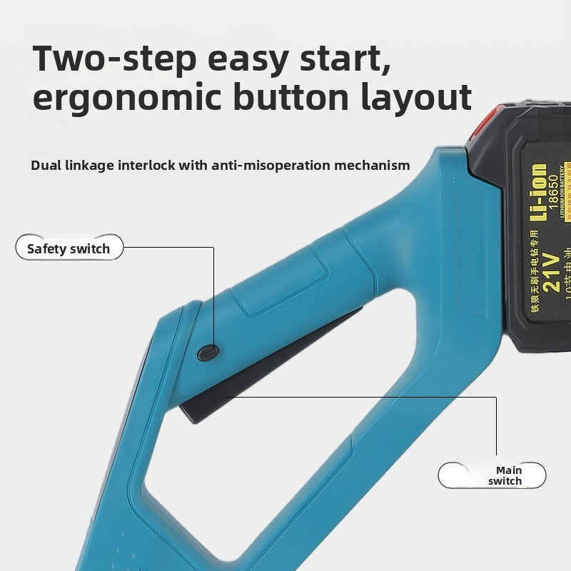Handle close up of the blue snow blower showing a 21V lithium-ion battery pack, a safety switch and a main switch