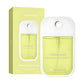 Pale yellow green vanilla POWER MIST paper box and matching flat 45 ml hand spray on a white background