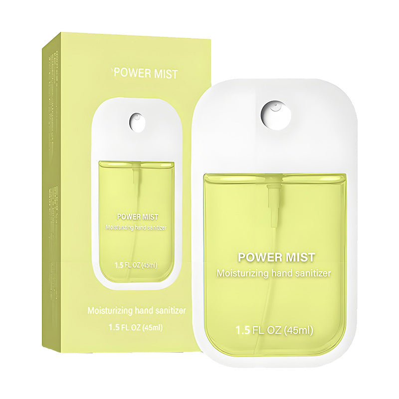 Pale yellow green vanilla POWER MIST paper box and matching flat 45 ml hand spray on a white background