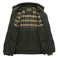 Army green jacket open to show the plaid check lining, the woven collar label and the ribbed hem band