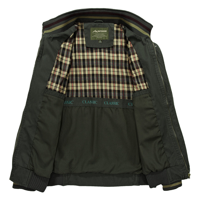 Army green jacket open to show the plaid check lining, the woven collar label and the ribbed hem band