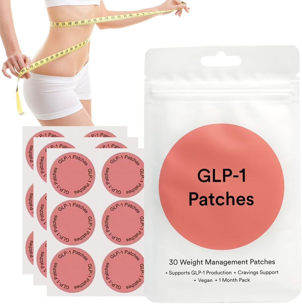 Pink GLP-1 patch pouch shown with three sheets of round coral adhesive patches in a lifestyle photo