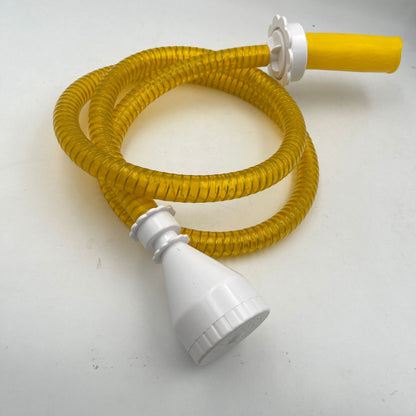 Pet shower hose connector with white plastic spray head and yellow hose, front view