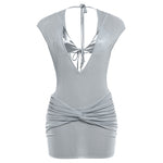Silver V neck backless bodycon mini dress, back flat view with neck tie