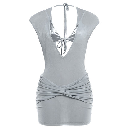 Silver V neck backless bodycon mini dress, back flat view with neck tie