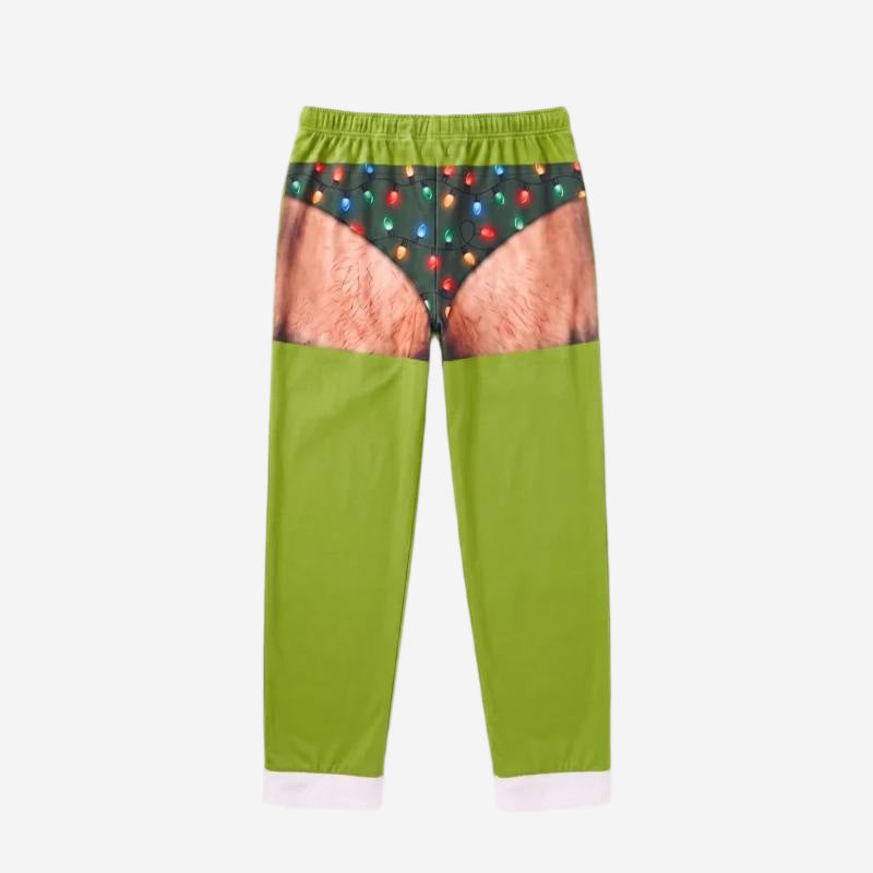 Green ugly Christmas gag loungewear with photo real printed body art and colored string lights