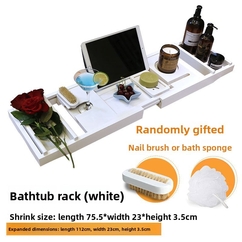 White bathtub caddy tray with a tablet, red roses, a drink and bottles, option White with shrink size text
