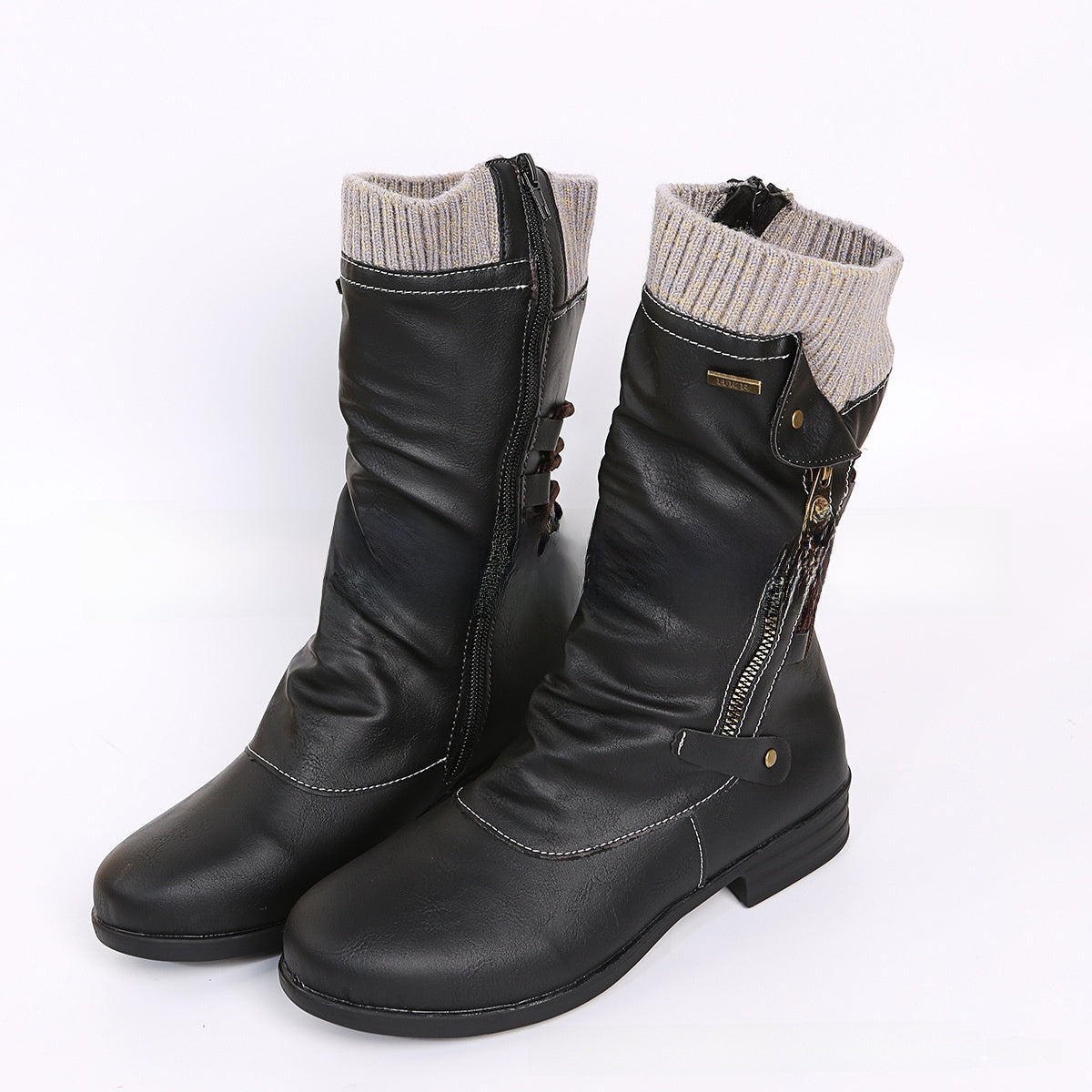 Black glossy mid calf slouch boots with a gray beige knit cuff and zippers, option Black size 38