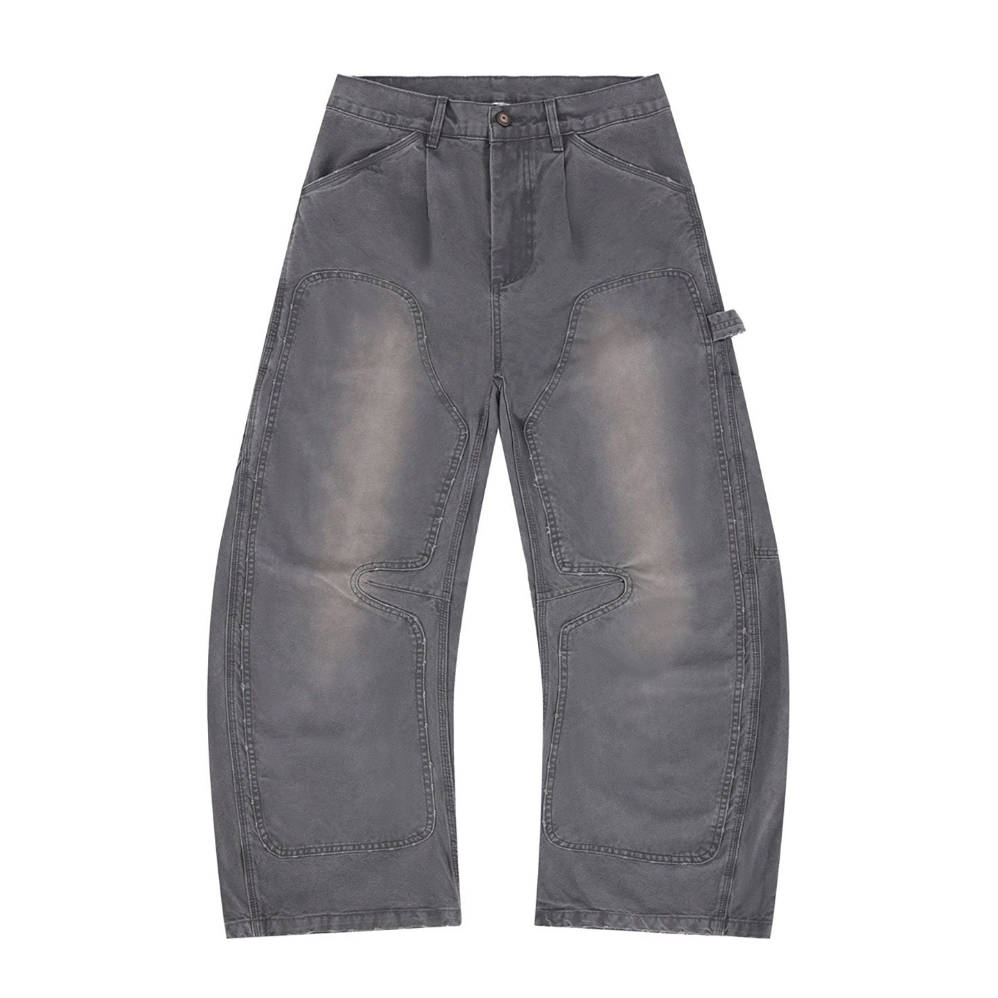 Charcoal gray double-knee carpenter pants held up in a clothing studio