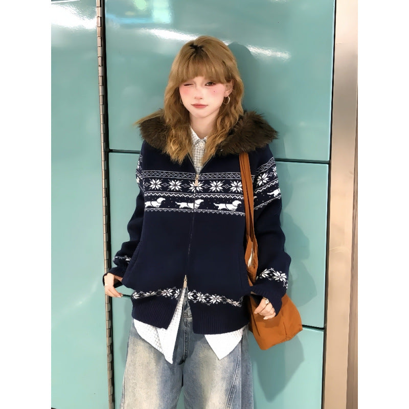 Navy blue Fair Isle zip cardigan with white snowflake and dog pattern and a brown faux fur hood, full view