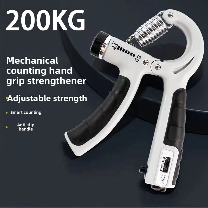 Adjustable grip strengthener held to show the R shaped frame and steel spring