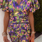 Printed V Neck Tight Fitting Puff Short Sleeve Women Dress