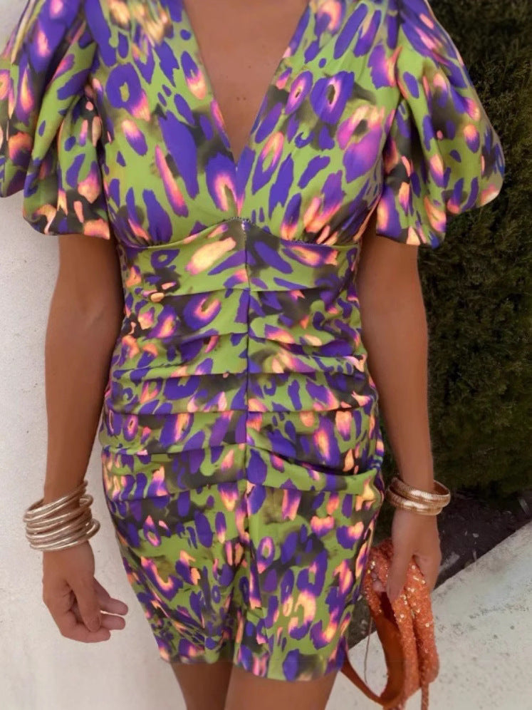Printed V Neck Tight Fitting Puff Short Sleeve Women Dress