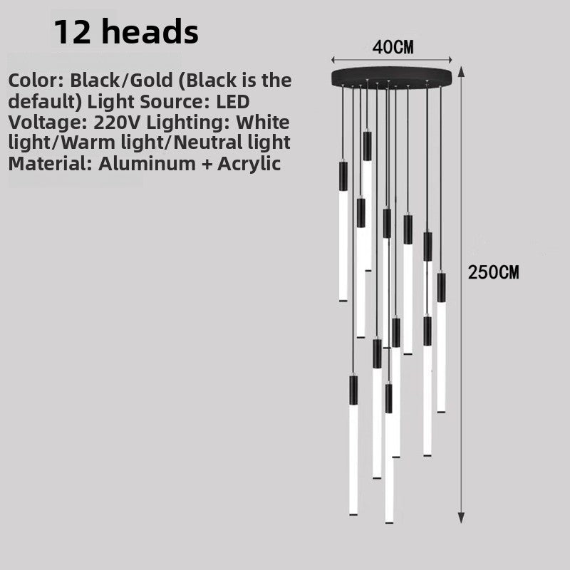 Specification panel of the 12 heads spiral LED chandelier with aluminum acrylic tubes, dimensions and light source