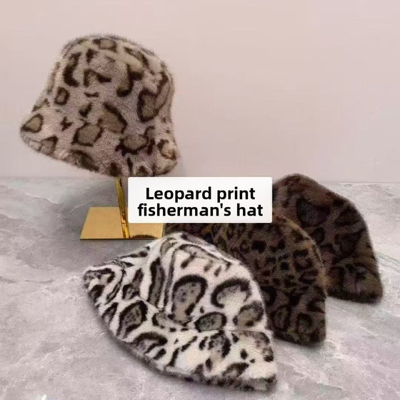 Womens Leopard Print Plush Bucket Hat