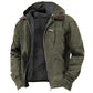 Army green hooded cotton jacket with black fleece lining, drawstring hood and zip chest pocket