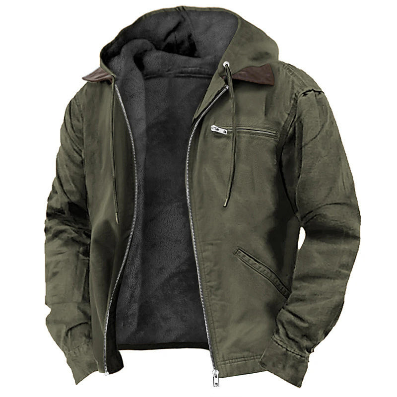 Army green hooded cotton jacket with black fleece lining, drawstring hood and zip chest pocket