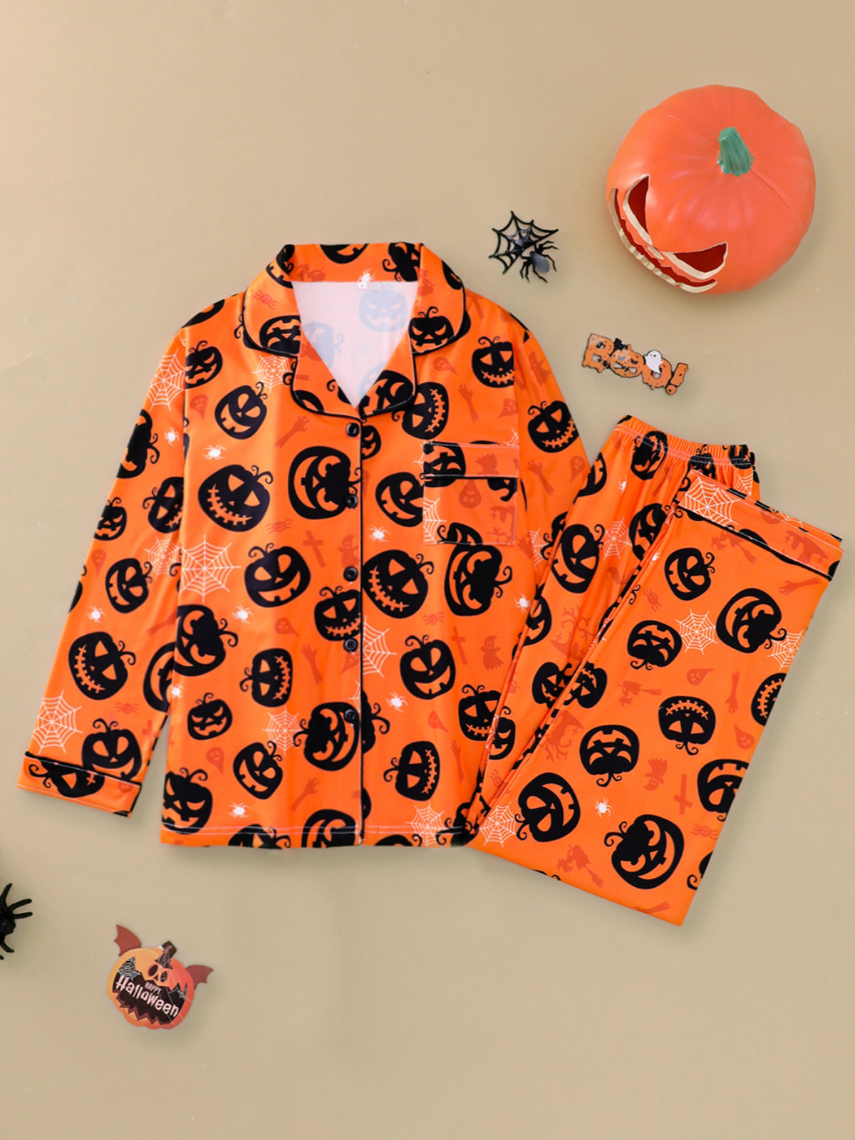 Orange Pumpkin pajama set with black jack-o-lantern faces, size M option photo