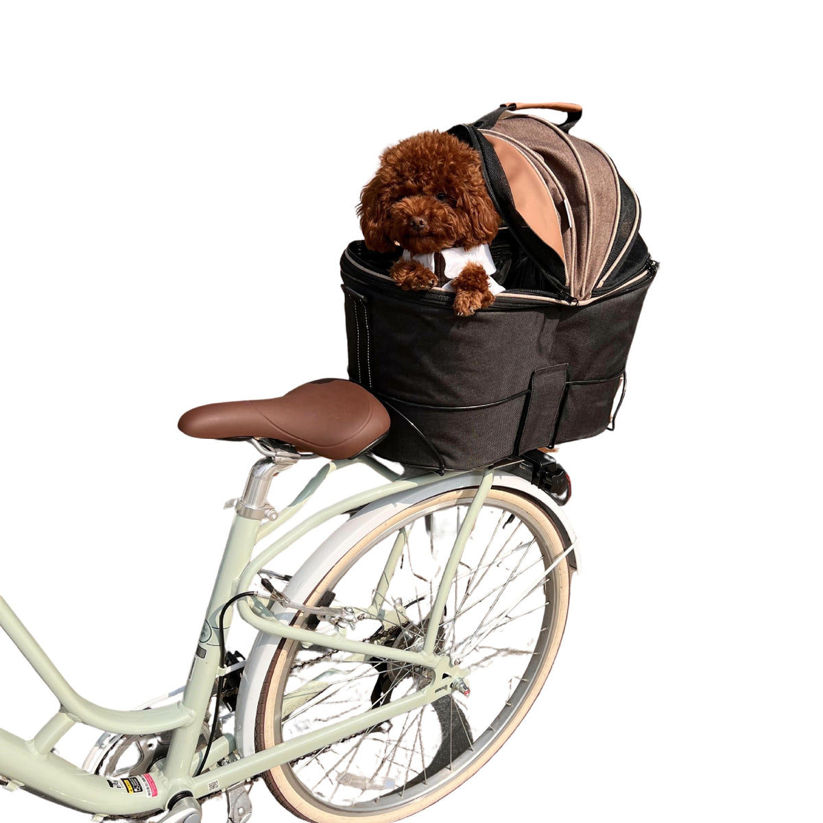 Canvas pet carrier clipped onto a bicycle steel frame for travel