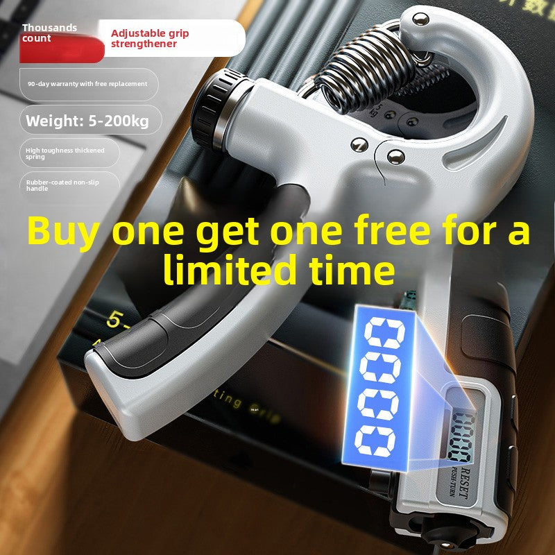 White adjustable grip strength trainer with a blue backlit digital rep counter
