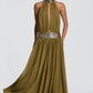 Backless halter chiffon maxi gown with sequin collar, the wide sequin waistband gathering the ruched chiffon