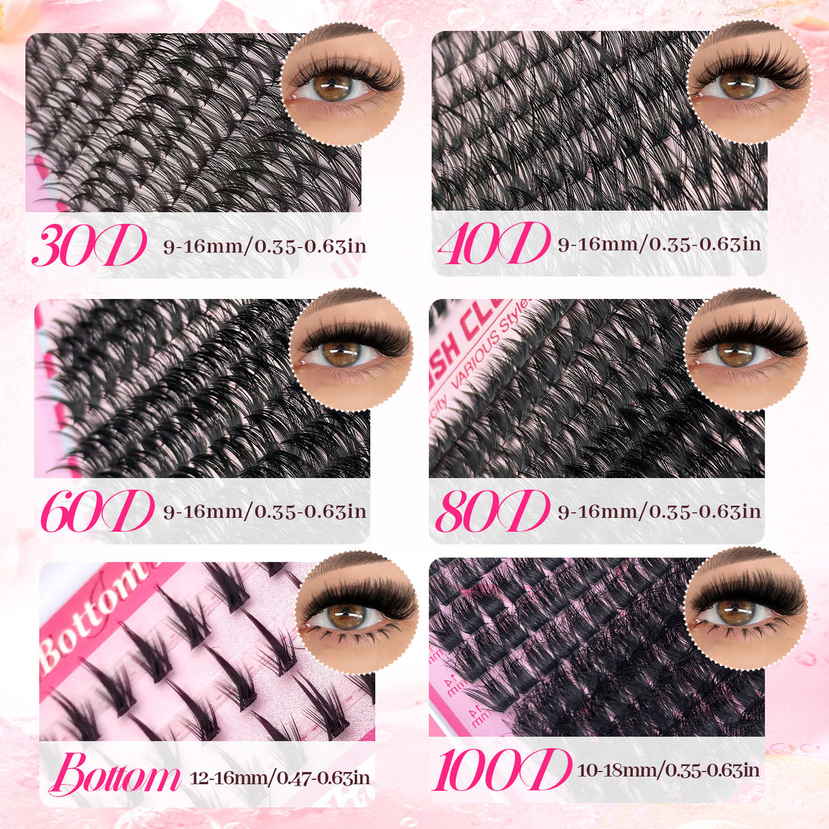 Close view of D curl cluster lashes lifted at the tip in a fine black artificial fiber