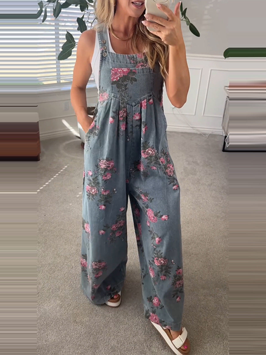 Sleeveless wide-leg printed jumpsuit front view on model
