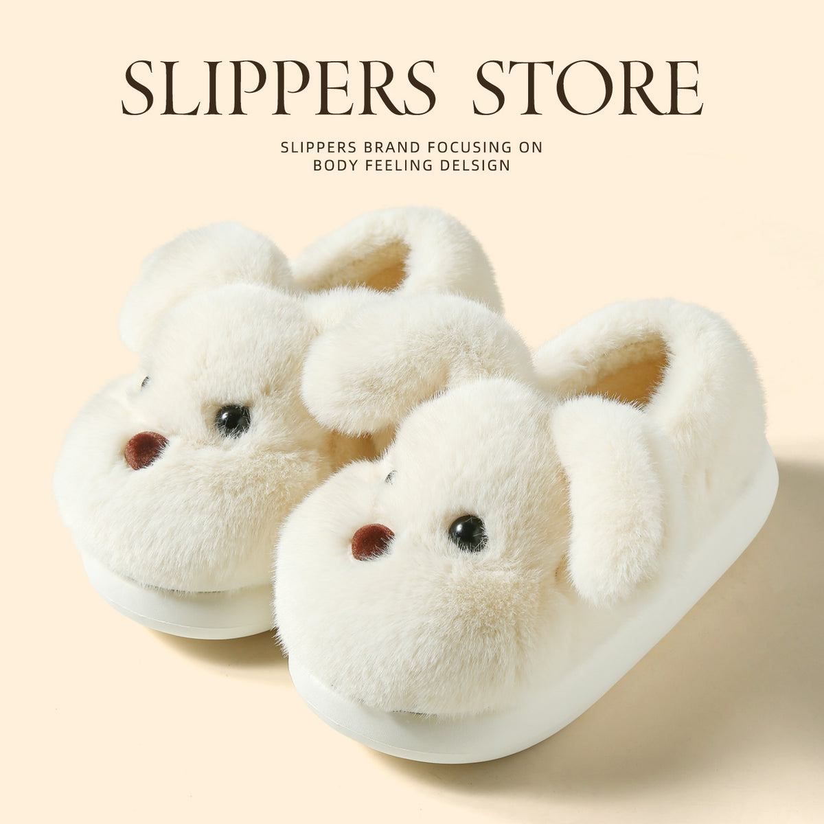 Fuzzy puppy design house slippers with faux fur upper and non slip EVA sole, cozy indoor scuff style