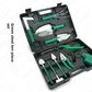 Green grip ten piece stainless steel gardening tool set arranged in an open case