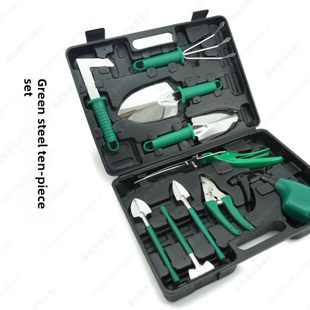 Green grip ten piece stainless steel gardening tool set arranged in an open case