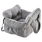 Padded car seat pet bed with raised bolster walls, carry handles and an inner clip showing the seat anchoring strap