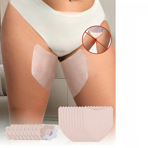 Skin tone anti friction adhesive patches stuck to the inner thighs under white underwear