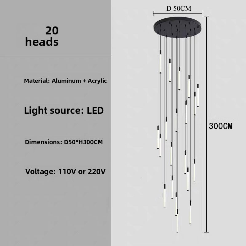 Specification panel of the 20 heads spiral LED chandelier with aluminum acrylic tubes, dimensions and light source