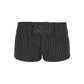 Flat product shot of the striped denim shorts showing front flap pockets and fly