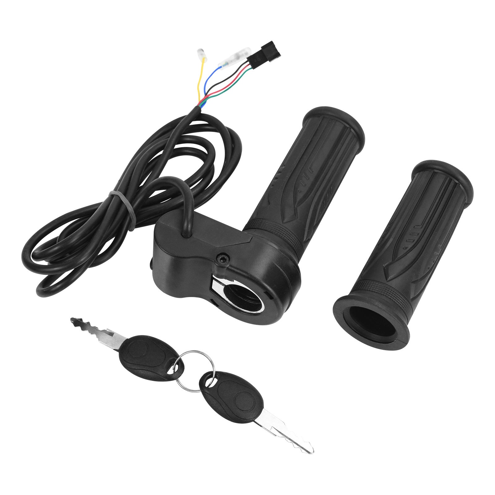 Molded ABS twist throttle grip and matching ribbed grip for a 36V or 48V e-bike