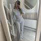 Womens two piece lounge set, a front zip jacket and straight leg drawstring pants in a soft sweat knit