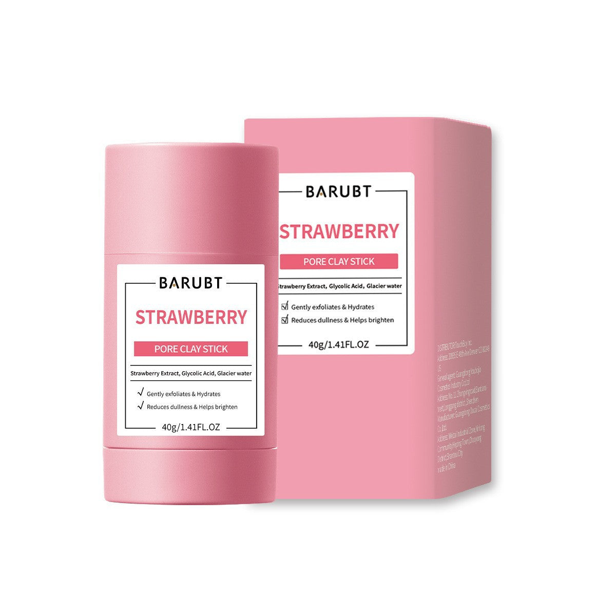Pink BARUBT Strawberry clay stick with its pink carton listing strawberry extract, glycolic acid and glacier water