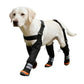 Black and orange dog leg boots with suspender straps and reflective strips, size 2XL option