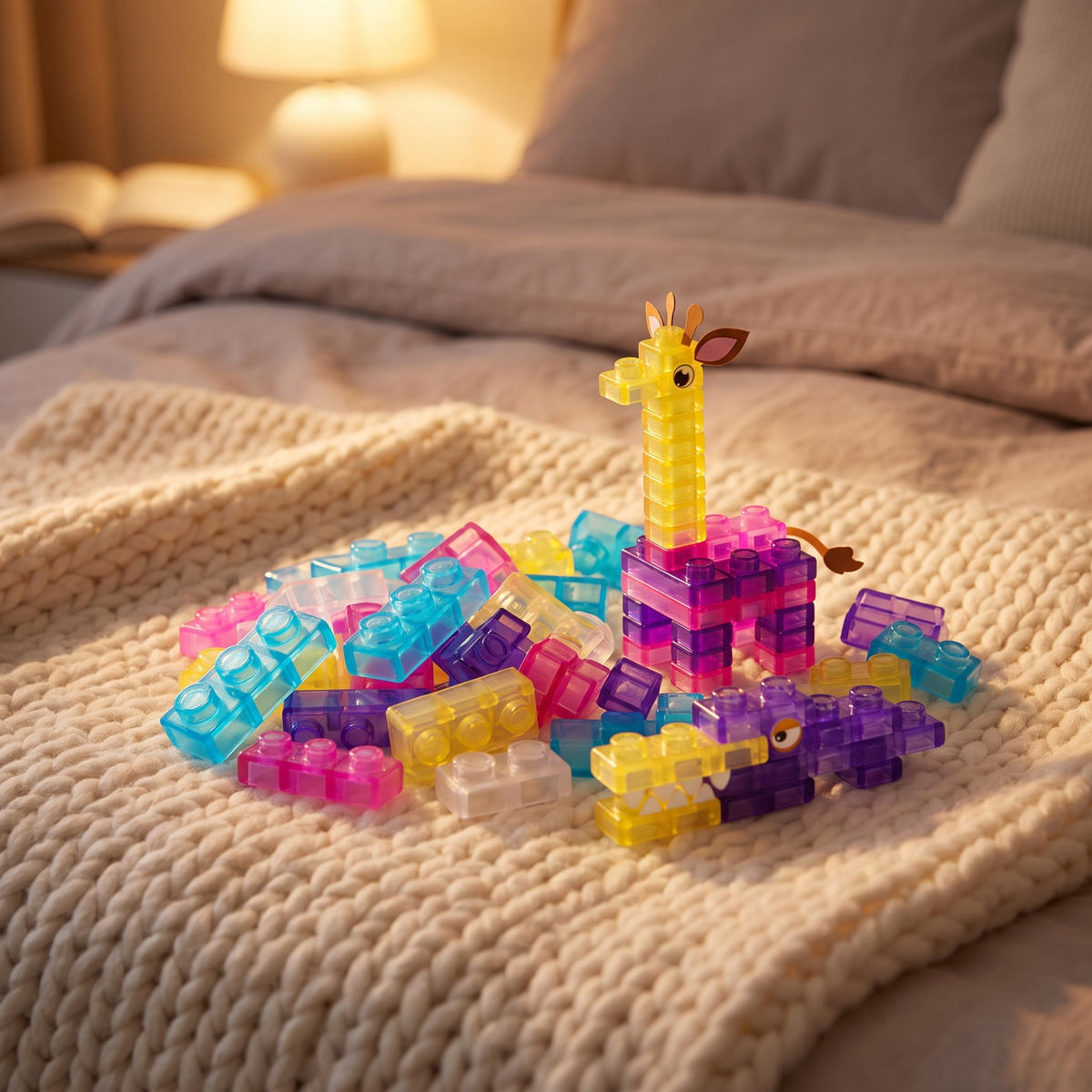 Translucent jelly blocks and builds on a cozy knit blanket in lamp light