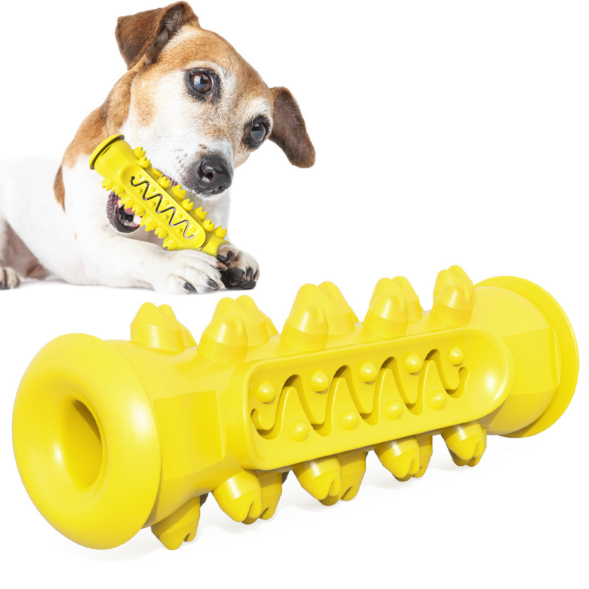 Green rubber dog chew stick toy shown from the side with its soft nubs and springy body