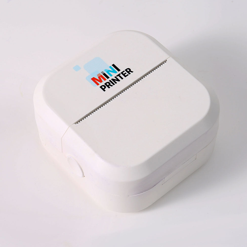 Angled white mini printer showing the Mini Printer logo and the print slot across the top