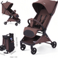 Coffee brown foldable travel stroller shown reclined and folded on a metal frame