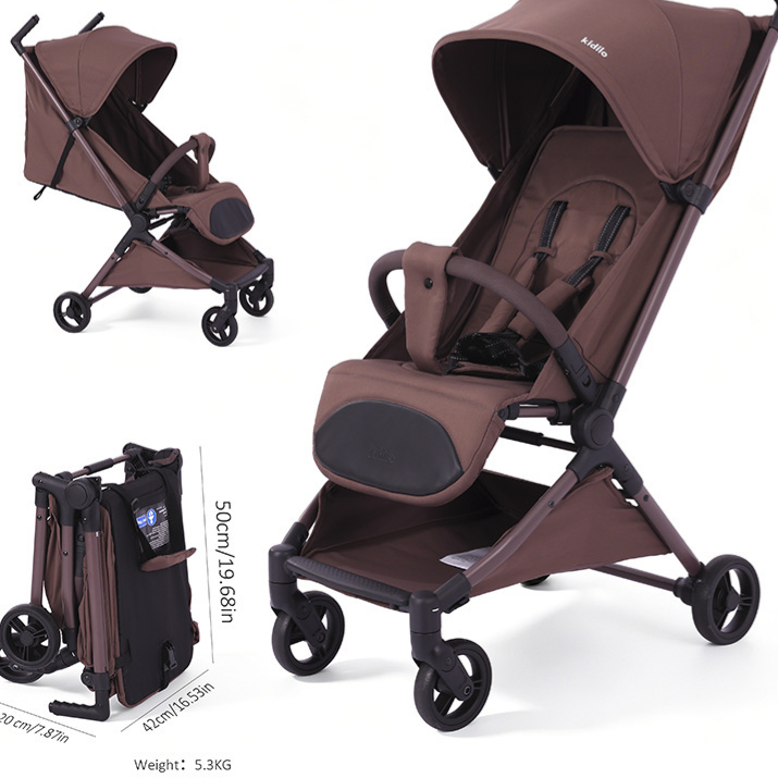 Coffee brown foldable travel stroller shown reclined and folded on a metal frame