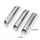 Three silver tube pastry molds 12.5 cm long and 2.6 cm across on a white background