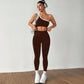 High waist leggings of the ribbed yoga set shown close, smooth wide waistband in nylon spandex