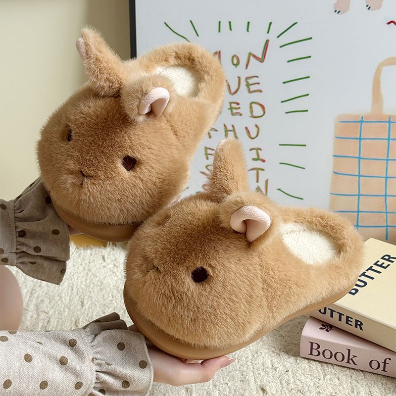 Pair of brown bunny plush slippers held in two hands over a cream rug, with a printed poster behind them