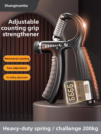 Black adjustable grip strength trainer with a resistance dial and rep counter