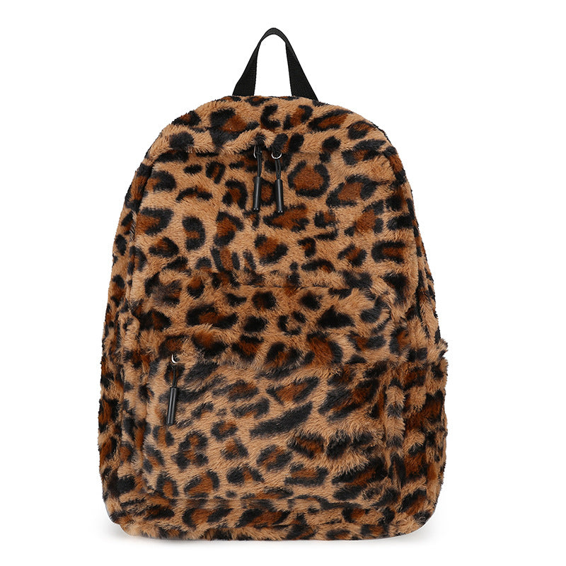 Plush Leopard Print Backpack | angled lifestyle styling shot