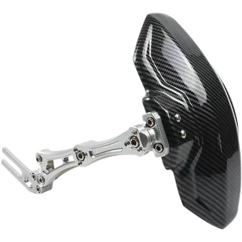 Rear scooter mudguard with silver CNC aluminum bracket and glossy woven-texture black plate, Silver option