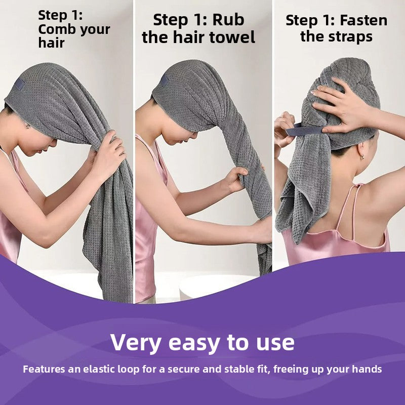 Three step guide showing how to comb, rub and secure the hair towel wrap with an elastic strap